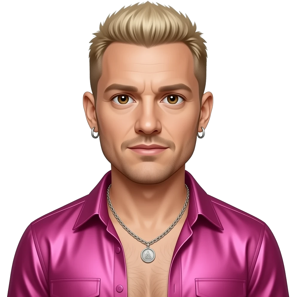 Chester Bennington with dark brown eyes, blonde hair, hot pink metallic open shirt, shirtless with silver necklace and short earrings emoji