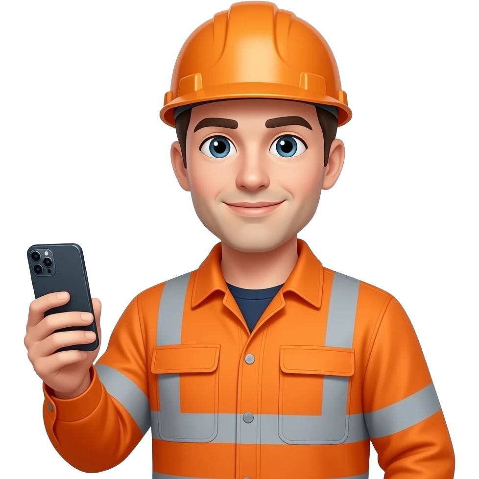 engineer standing in full Hi-vis orange clothing holding a mobile phone emoji