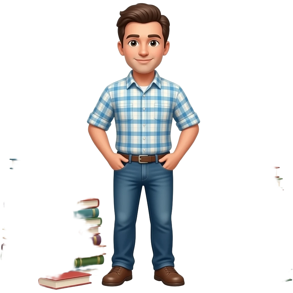a man standing with many books emoji