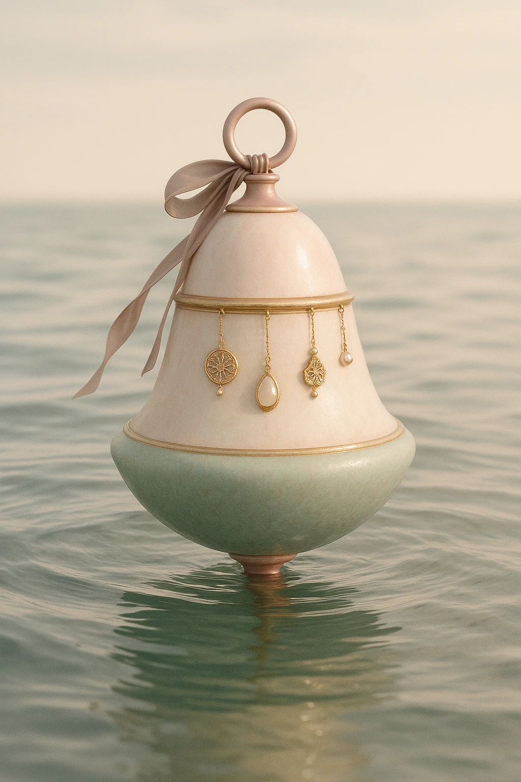 elegant buoy with subtle feminine touches and pendants, floating in the sea, soft color palette, refined and mature, not cartoonish, realistic style emoji