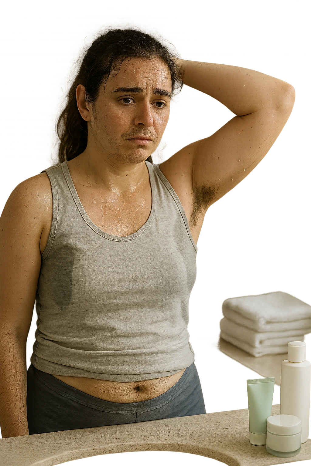Donna tra i 25 e i 35 anni in un bagno o camerino, con espressione affaticata e leggermente imbarazzata, mentre si osserva allo specchio. È visibile una sudorazione abbondante sulla fronte e sotto le ascelle, e si notano peli più marcati su viso (mento o baffetti), addome e braccia. Indossa abiti leggeri o sportivi, e ha accanto a sé asciugamani e prodotti per la cura della pelle. Atmosfera realistica ma intima, con luce naturale e toni neutri. L'immagine trasmette consapevolezza, frustrazione e il desiderio di trovare soluzioni. Stile realistico, tono empatico e umano emoji