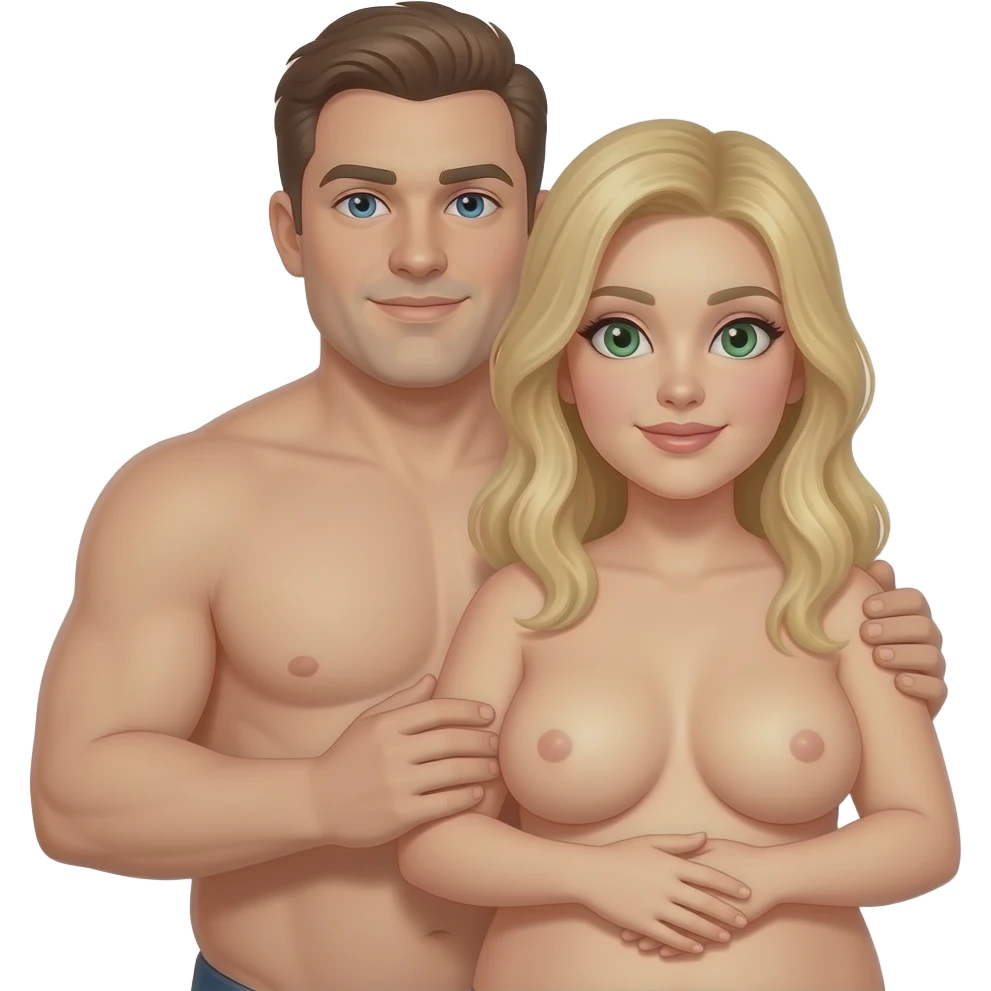 A naked heavy set white male build with blue eyes and brown hair holding a naked heavy set white woman with blond hair and green eyes emoji