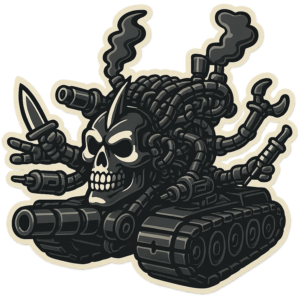 Edit the skull robot tank to have 4 distinct appendages, each holding a different weapon: an industrial blade, a blaster, a syringe, and a claw. Color it like a Jolly Roger flag with a black tank, white skull face and arms, bold contrast, and minimal accent color. Keep compact proportions, clear mechanical detail, retro stickers style with clean outline and transparent background. emoji