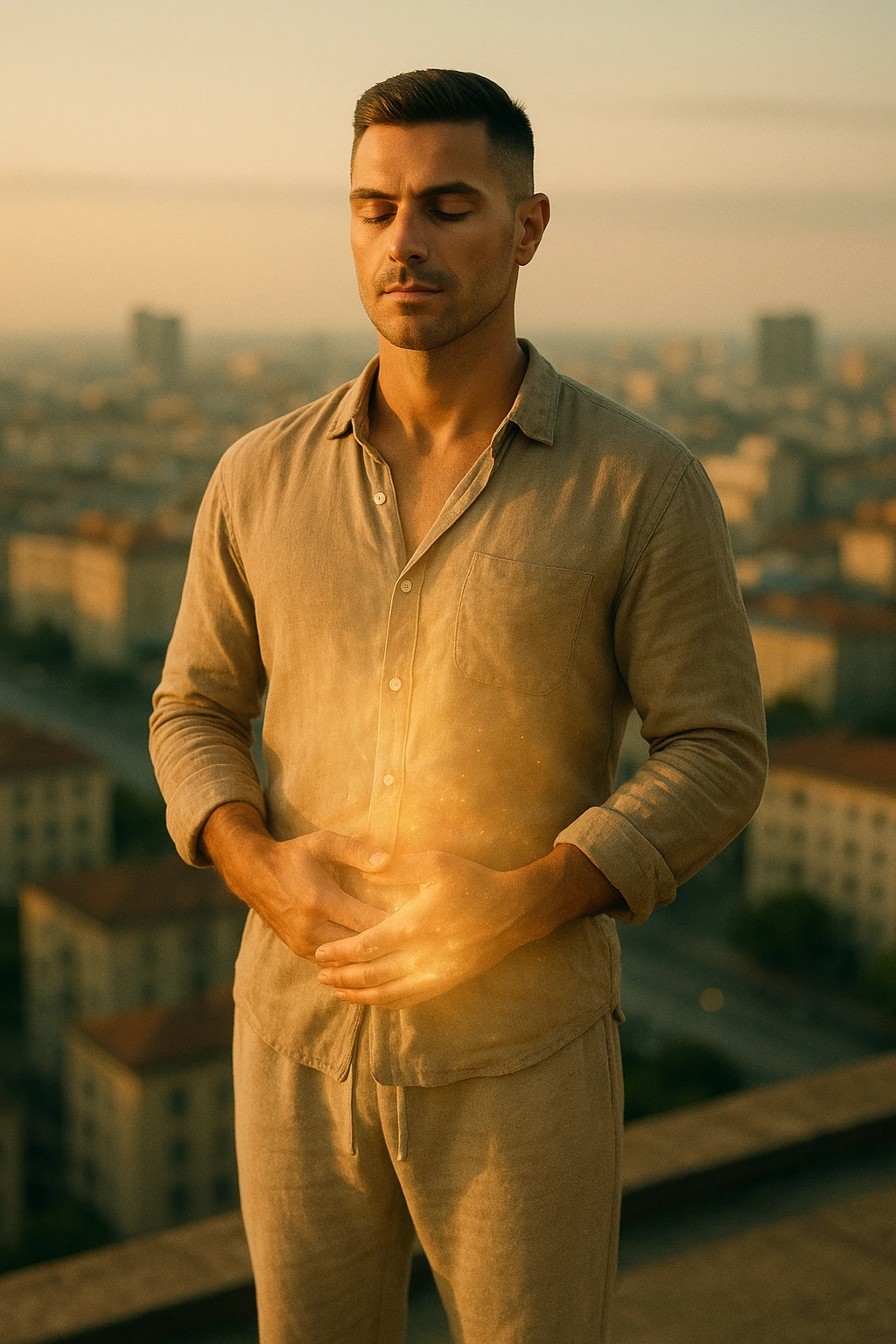 A cinematic portrait of a calm and composed man in his mid-30s, with light stubble and a defined jawline, standing alone on a rooftop at sunrise overlooking a quiet modern city. He’s wearing minimalist, earth-toned clothing — a linen shirt loosely buttoned, neutral joggers, barefoot. His hands rest gently over his abdomen in a meditative posture, eyes half-closed, reflecting clarity and focus. The early morning light bathes his face and body in soft gold, symbolizing renewal and healing. Around him, the city is still asleep, with only faint traces of life below. The air feels clean and silent. Subtle glow effects radiate gently from his chest and abdomen, suggesting internal regeneration. 35mm film style, shallow depth of field, realistic human textures and cinematic color grading with warm and natural tones. emoji
