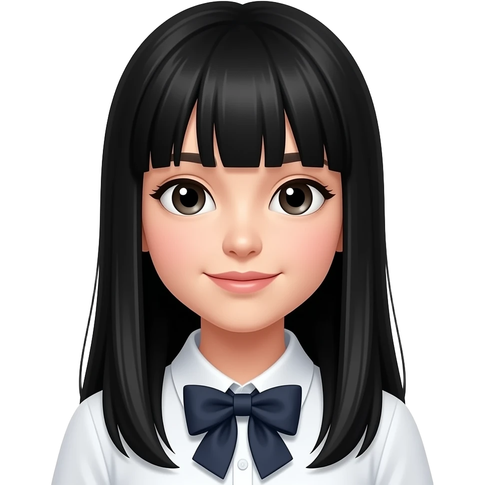 Menina branca de cabelo liso preto longo sem franja com laço emoji