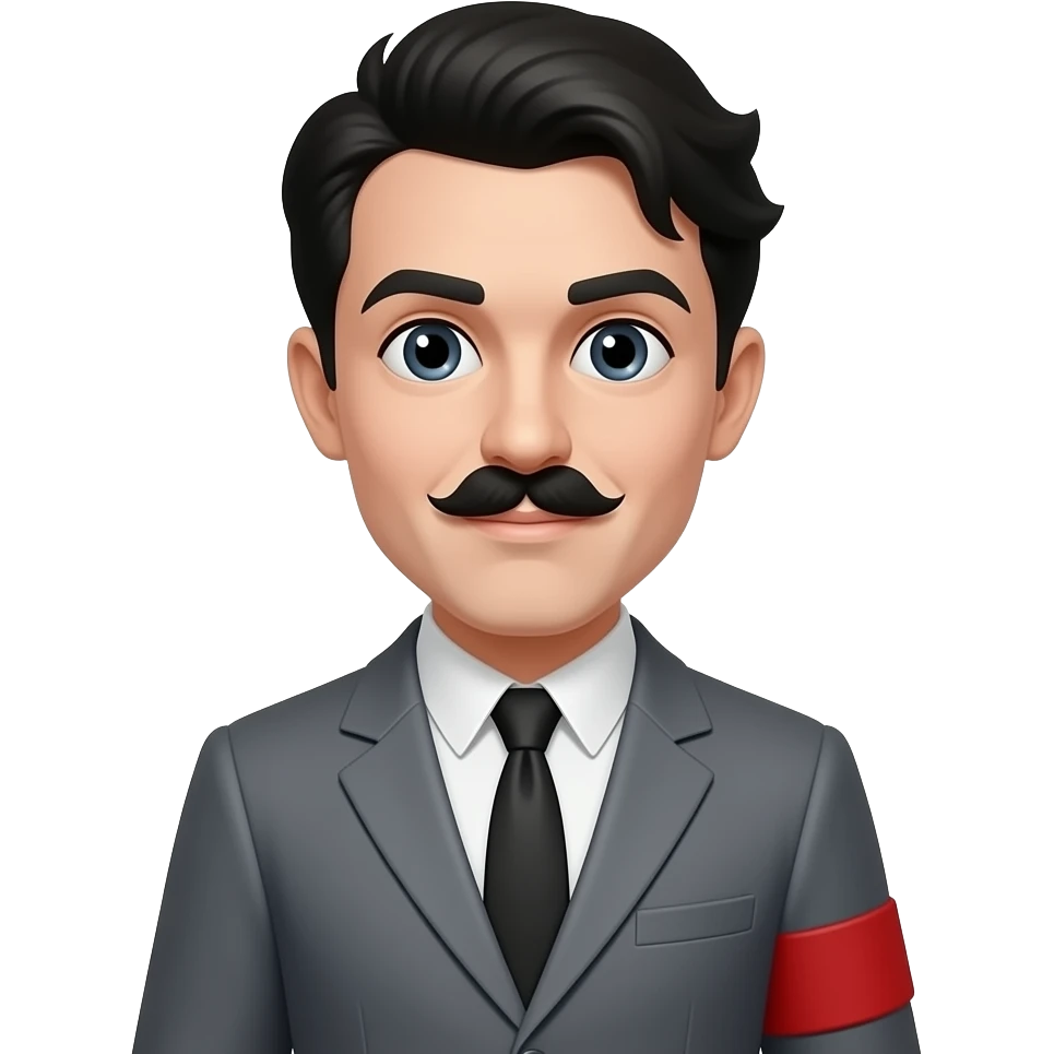 A man wearing a gray suit with a red patch on his arm with a Charlie Chaplin mustache emoji