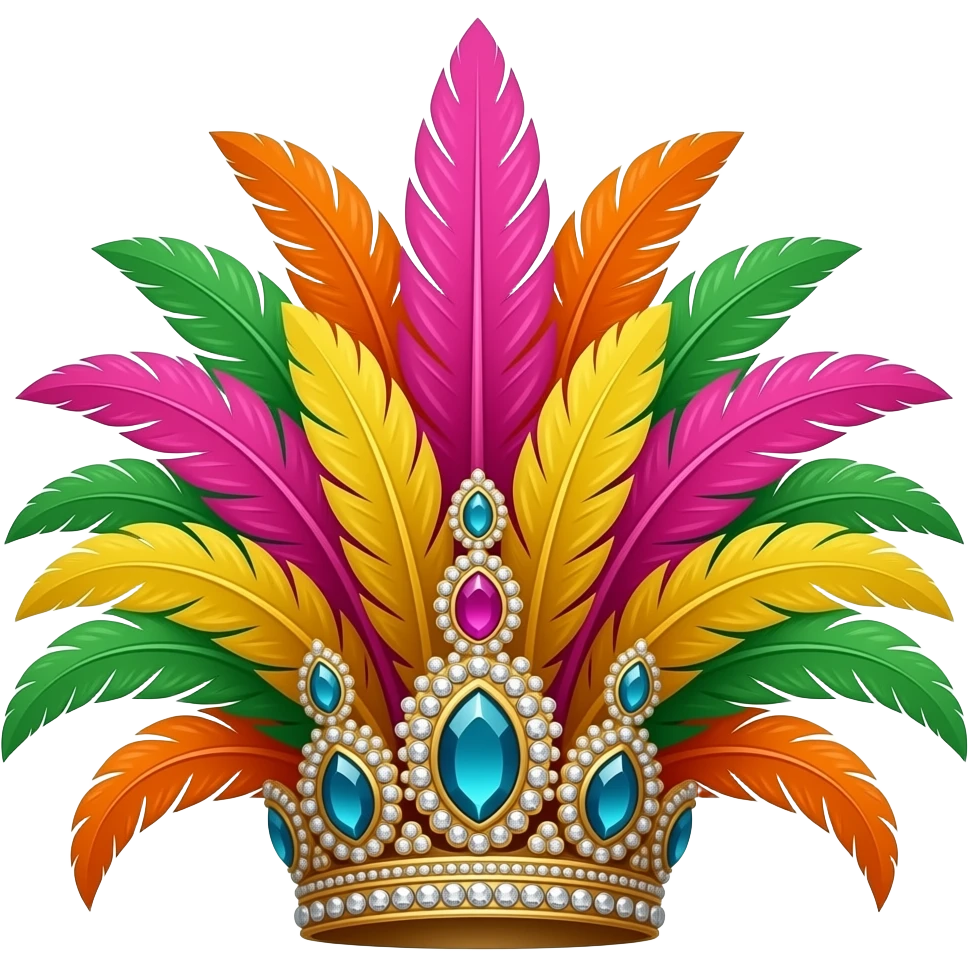 Jamaican carnival feather headpiece, extravagant crown made of long colorful feathers (bright neon pink, orange, yellow, green), decorated with jewels and rhinestones, flat lay on white background, no person, no model, sticker style, emoji style, 1:1 emoji