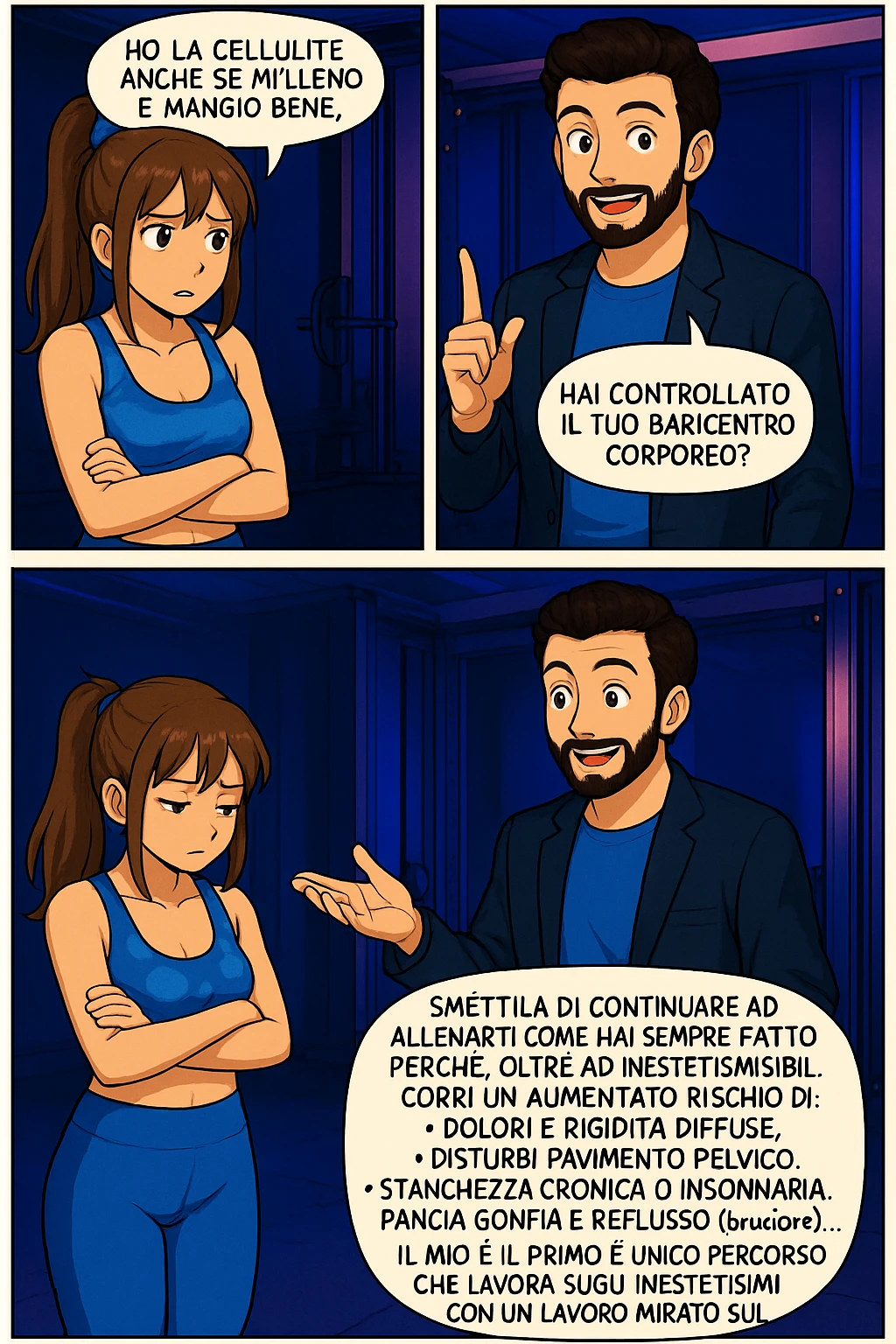 TRASFORMA QUESTO CAROSELLO IN UN FUMETTO STILE MANGA A COLORI CON QUESTE DUE PERSONE IDENTICHE CHE INTERLOQUISCONO TRA LORO:

LUI (UOMO): Smettila di continuare ad allenarti come hai sempre fatto perché, oltre ad inestetismi visibili, corri un aumentato rischio di:
    • dolori e rigidità diffuse
    • disturbi pavimento pelvico
    • stanchezza cronica o insonnia
    • pancia gonfia e reflusso (bruciore)
    • etc… emoji