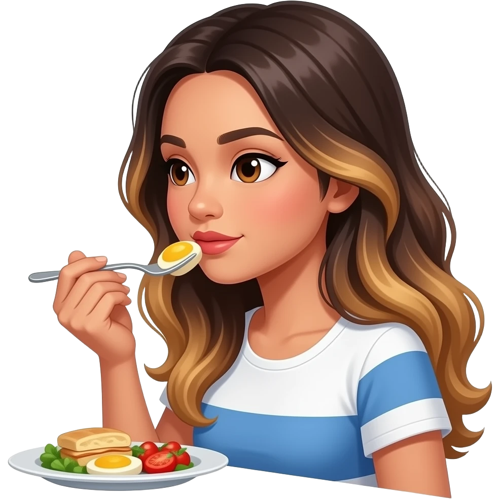 Beautiful Filipino girl beautiful eyes with long wavy hair balayage eating breakfast look at food  side view emoji