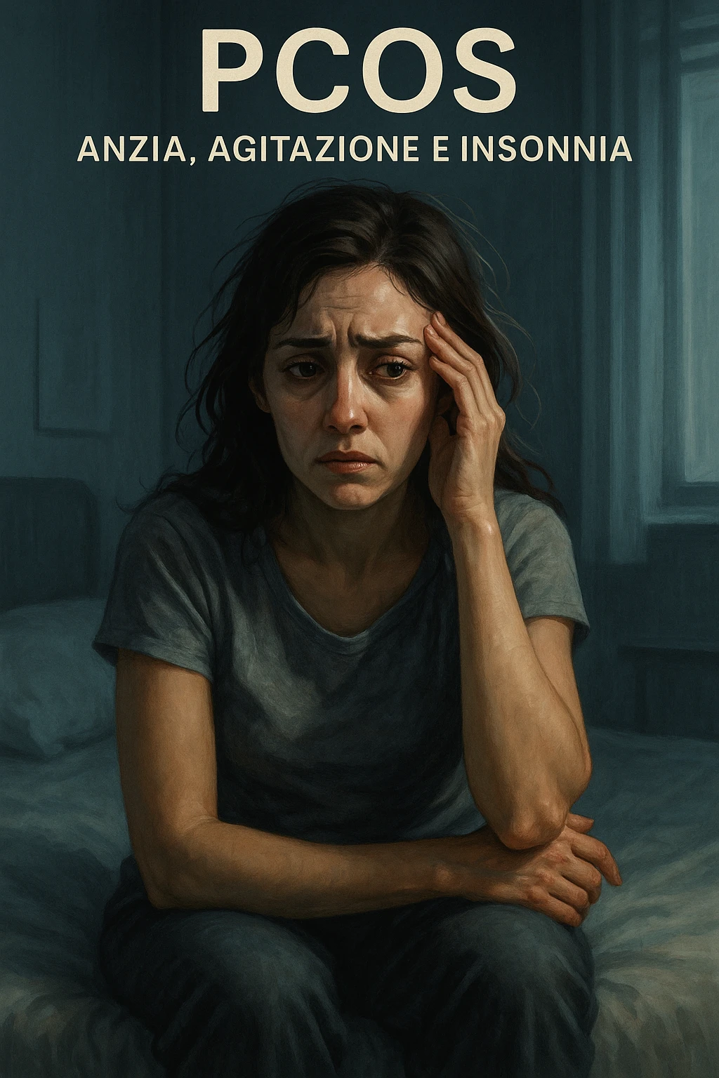 vertical realistic cinematic illustration of a woman with PCOS (polycystic ovary syndrome) showing anxiety, agitation, and insomnia. Worried expression, restless posture, tired eyes, clinical atmosphere, dramatic lighting, Italian captions, aspect ratio 2:3 emoji