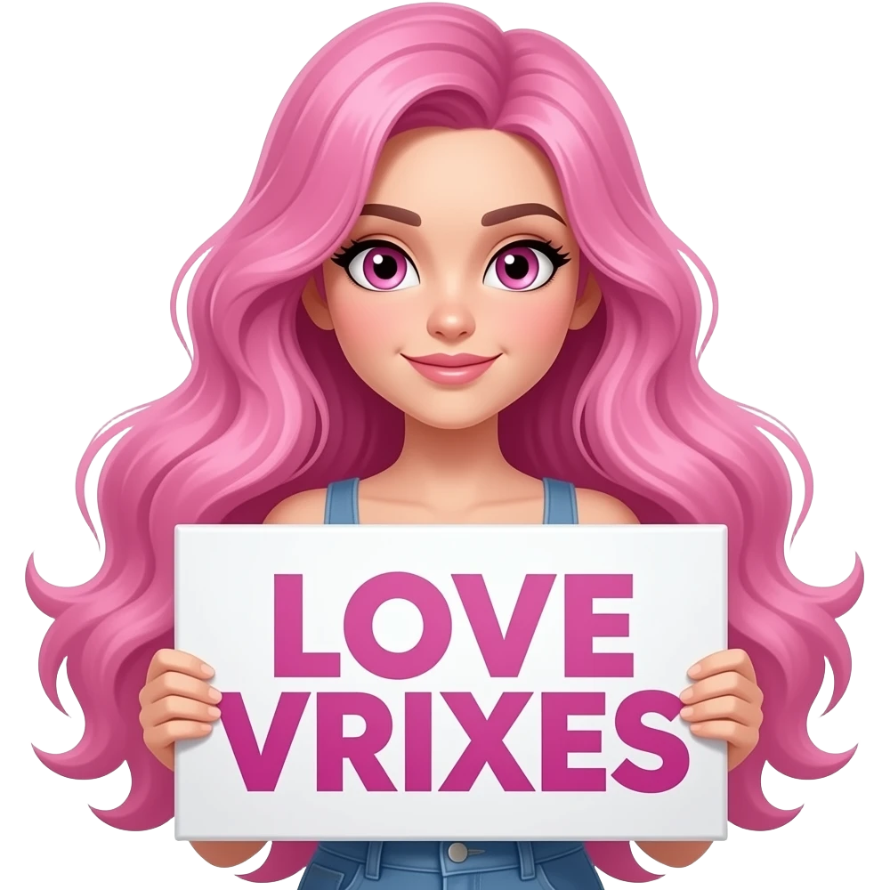 sexy girl with long pink hair and pink eyes holding a LOVE VRIXES sign emoji