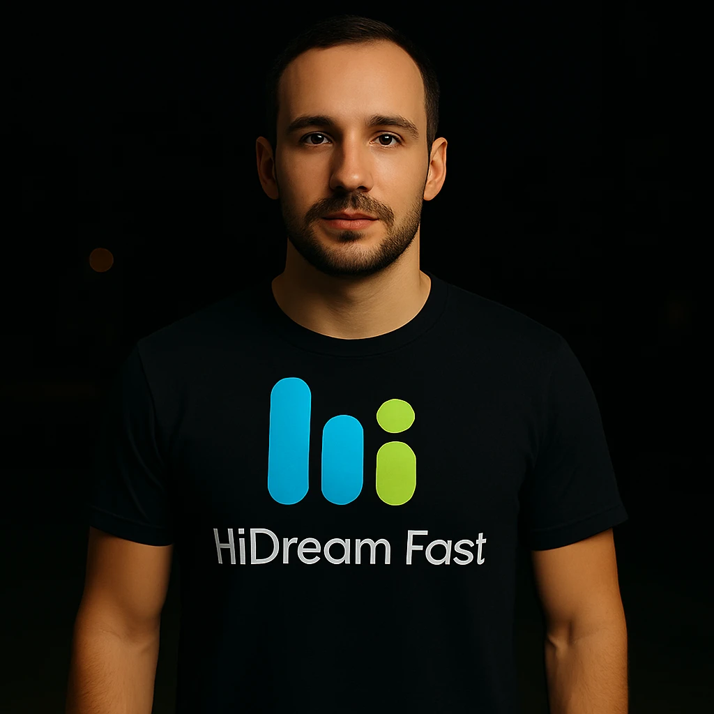 man wearing tshirt with this logo, dark night background with dim , add fast below logo, make man fit into image, add fast insead pf the dev keep rest same emoji