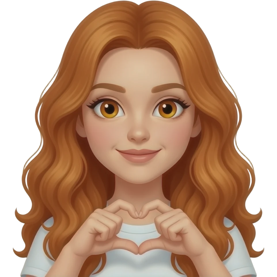 sexy girl with long wavy ginger hair and ginger eyes makes a heart with her fingers emoji
