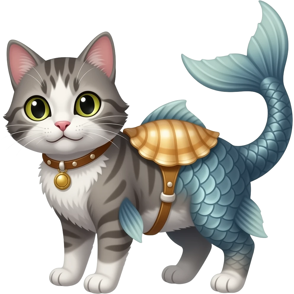 Un gato con cola de pez y garras afiladas y que tenga un caparazón emoji