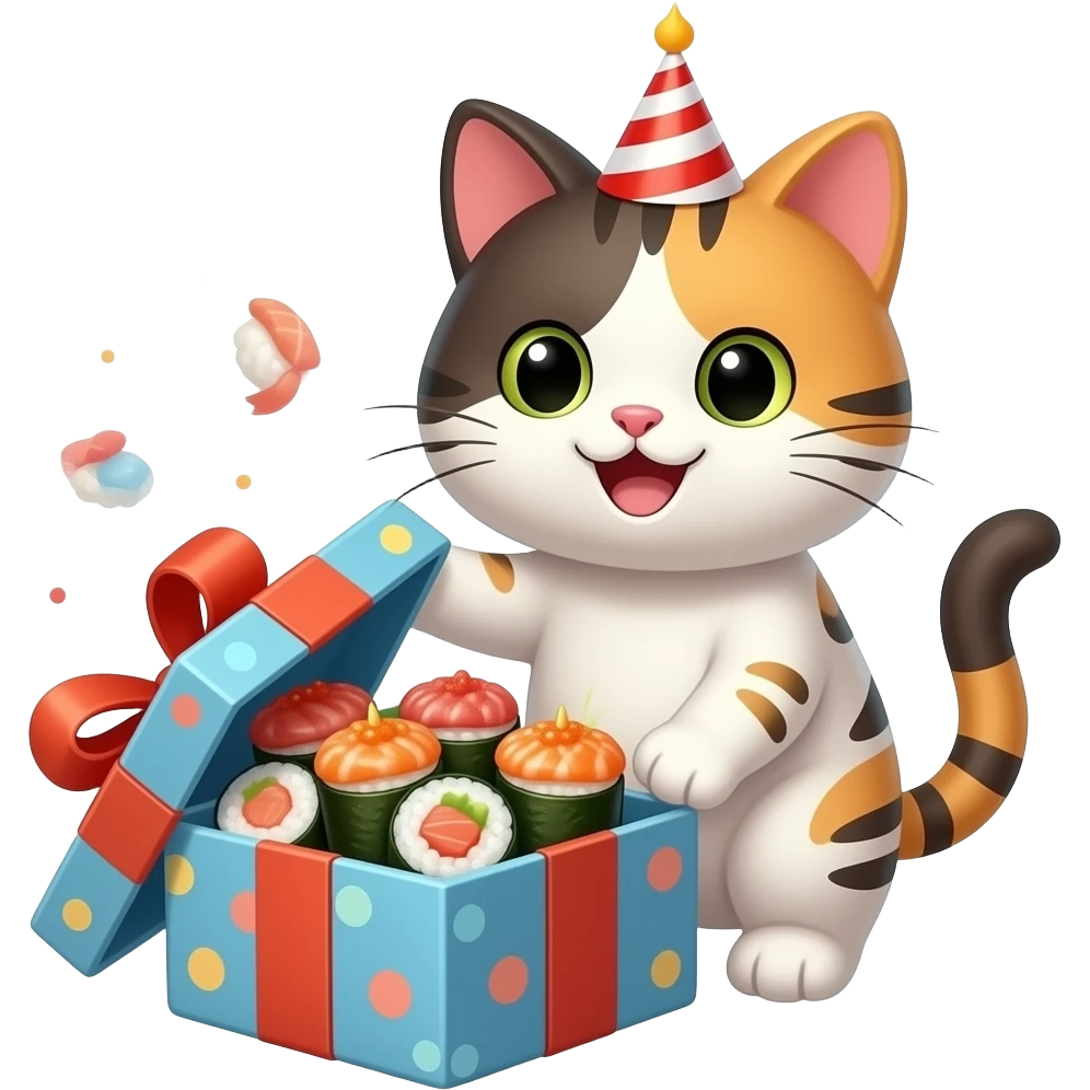 a happy cat opening a birthday present filled with tuna nigiri emoji