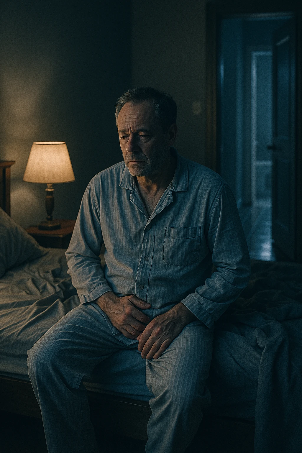 A nighttime scene inside a dimly lit bedroom. A man in his 50s sits stanco sul bordo del letto, con lo sguardo perso nel vuoto, mentre una luce fioca proviene dalla lampada sul comodino. Indossa un pigiama spiegazzato, e si tiene leggermente la zona bassa dell’addome. Dietro di lui, il letto è visibilmente disfatto, segno di sonno interrotto. Una porta socchiusa sullo sfondo mostra la luce accesa in bagno, con il pavimento riflettente che indica i numerosi passaggi notturni. Il tono è cupo ma realistico, con colori freddi, blu e grigi, e un leggero bagliore lunare che filtra dalla finestra. Stile: 35mm film, profondità emotiva, dettaglio ambientale. in italiano emoji