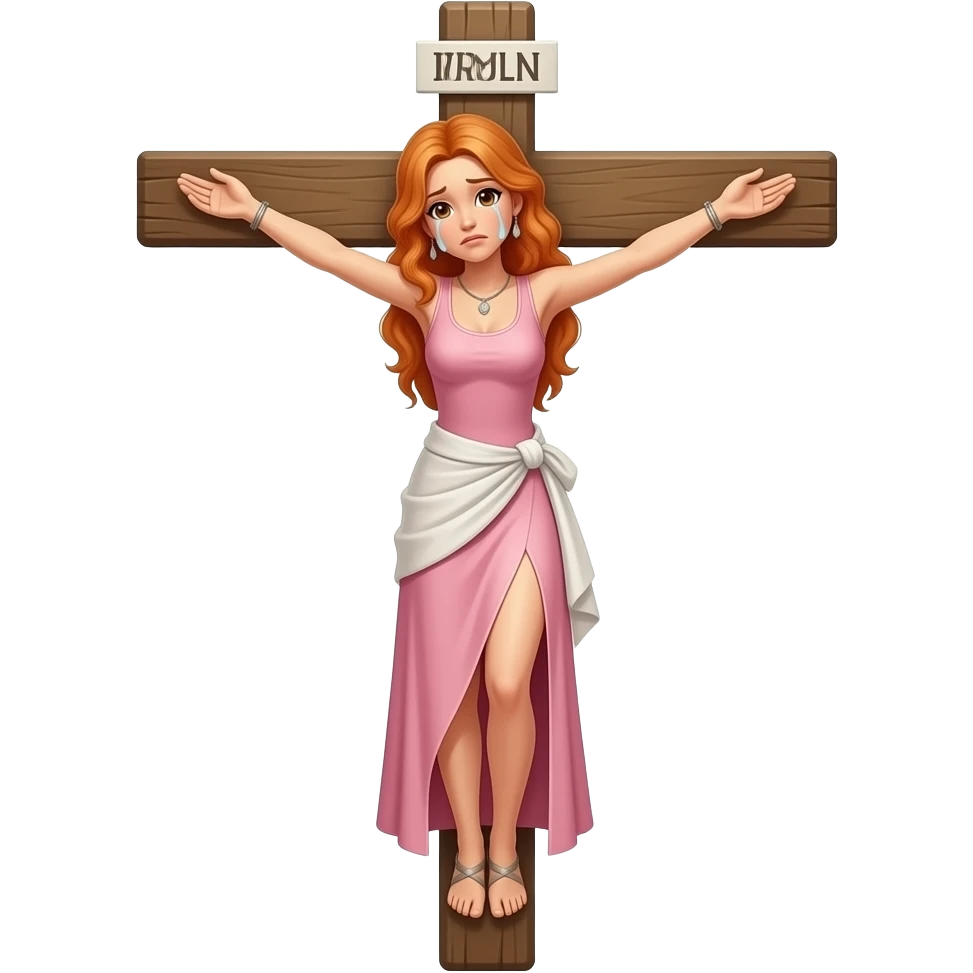 Woman crying with orange hair and brown eyes being crucified on a cross Zoomed out whole body wearing a long pink dress emoji
