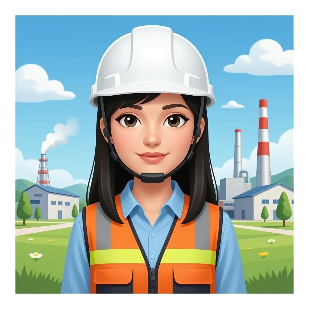 Mujer vestida de chaleco, de fondo haz una empresa industrial cabello totalmente negro largoooo y totalmente  liso, casco blanco SIN manija negra emoji