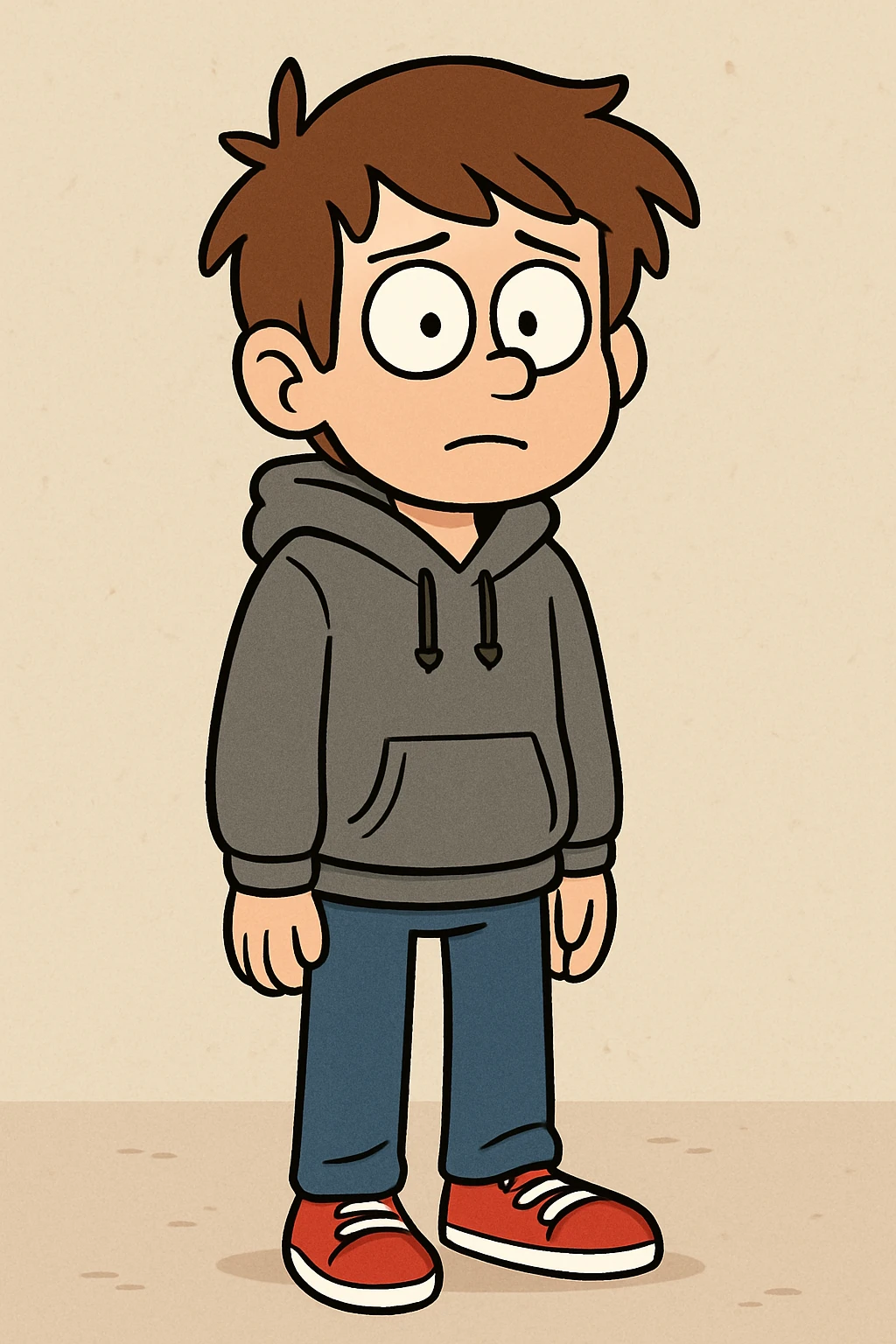 a boy brown hair grey awdis kids hoodie blue jeans red shoe  emoji