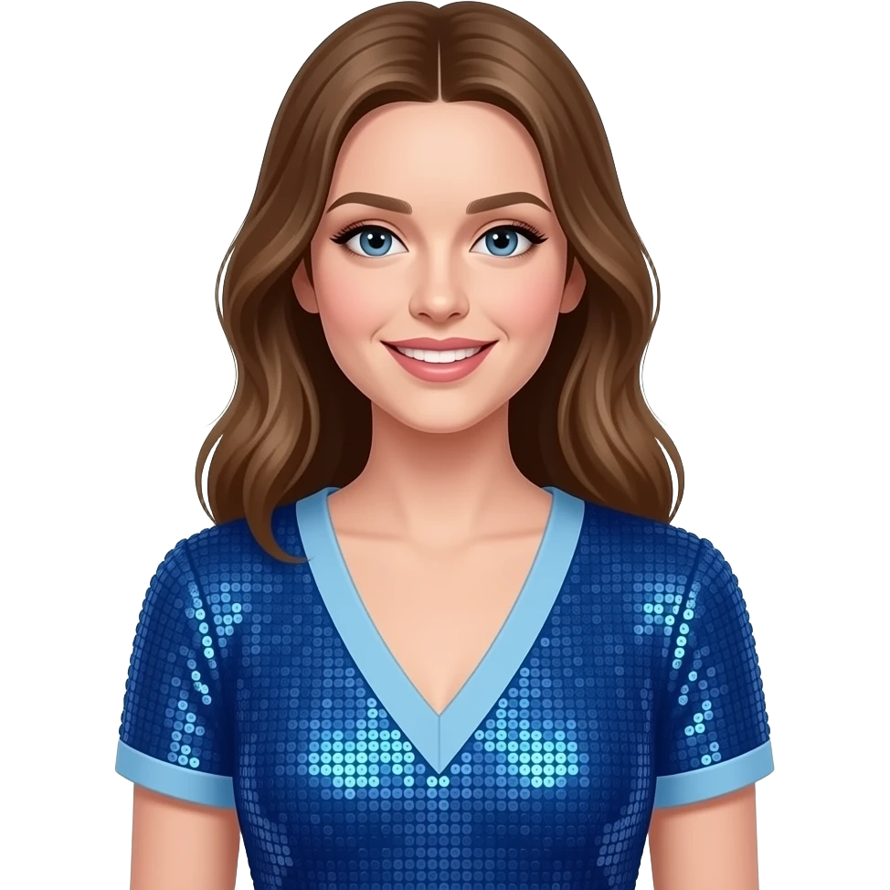 Sabrina carpenter is wearing a blue sequin dress with a v neck that is lined light blue and short sleeves that are also lined light blue and shimmering sequins emoji