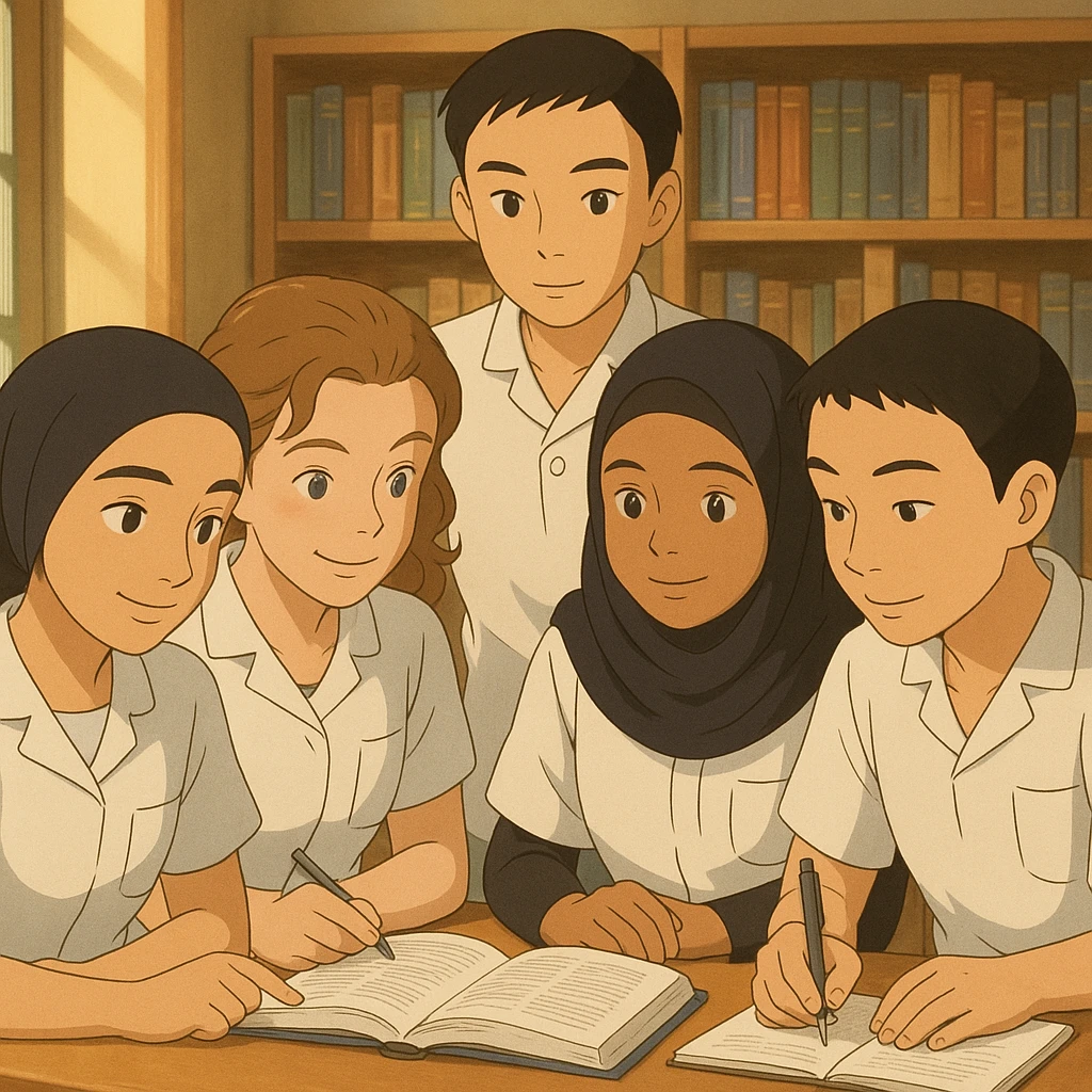 Scène intérieure en style Ghibli : quatre étudiants infirmiers collaborent, inspirés des quatre personnes sur les photos jointes. Uniformes blancs à manches courtes, col en V, poche poitrine à gauche, pas de stéthoscopes ni pied de col, avant-bras nus, cheveux longs attachés. Ambiance conviviale et studieuse. emoji