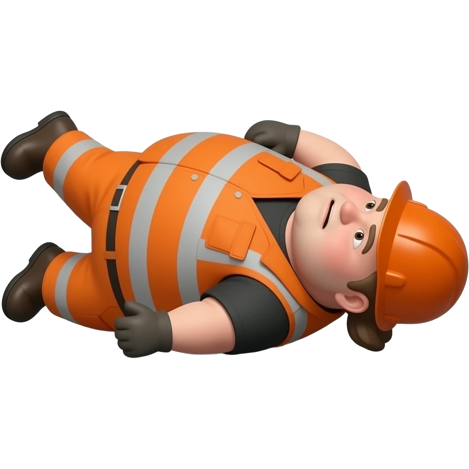 fat MAN IN ORANGE HIVIS OVERALLS, no helmet, not happy, laying face down on floor, side view emoji