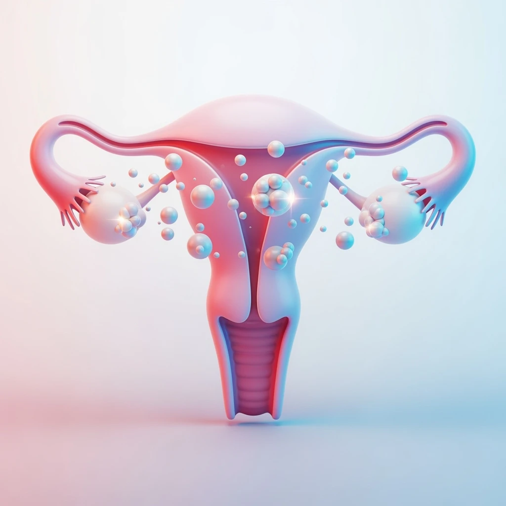 PCOS in 3D Imagen 4 Ultra style: stylized uterus with polycystic ovaries, modern 3D effect, light colors, vertical 2:3 aspect ratio, no background emoji