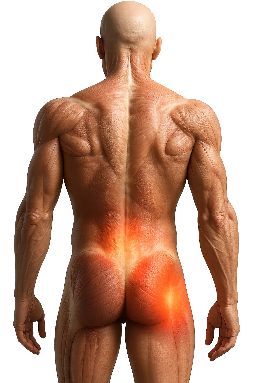 CORPO UMANO ANATOMICO REALISTICO DI SPALLE CON DOLORE ALLA LOMBARE INFIAMMATA, DOLORE ALL'ANCA, IPERREALISTICO 4K emoji