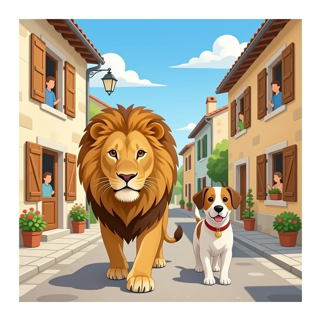 quiero que en un pueblo este un leon y un perro andando porel pueblo y que las persoans esten en las acsas cerrradas con madera para que no entren y que no hayan personas en la calle emoji