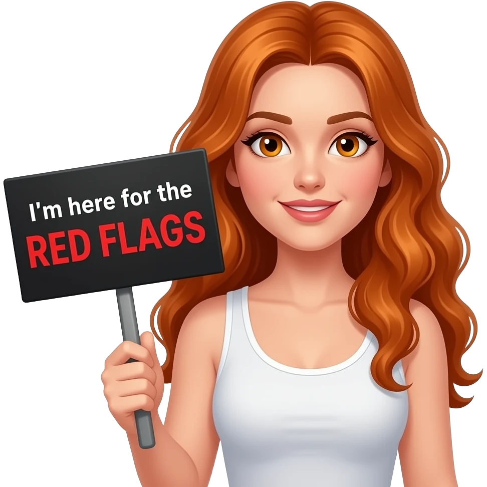 sexy girl with long wavy ginger hair and ginger eyes wearing a white tanktop is holding a black colored sign with I'm here for the RED FLAGS written on it emoji