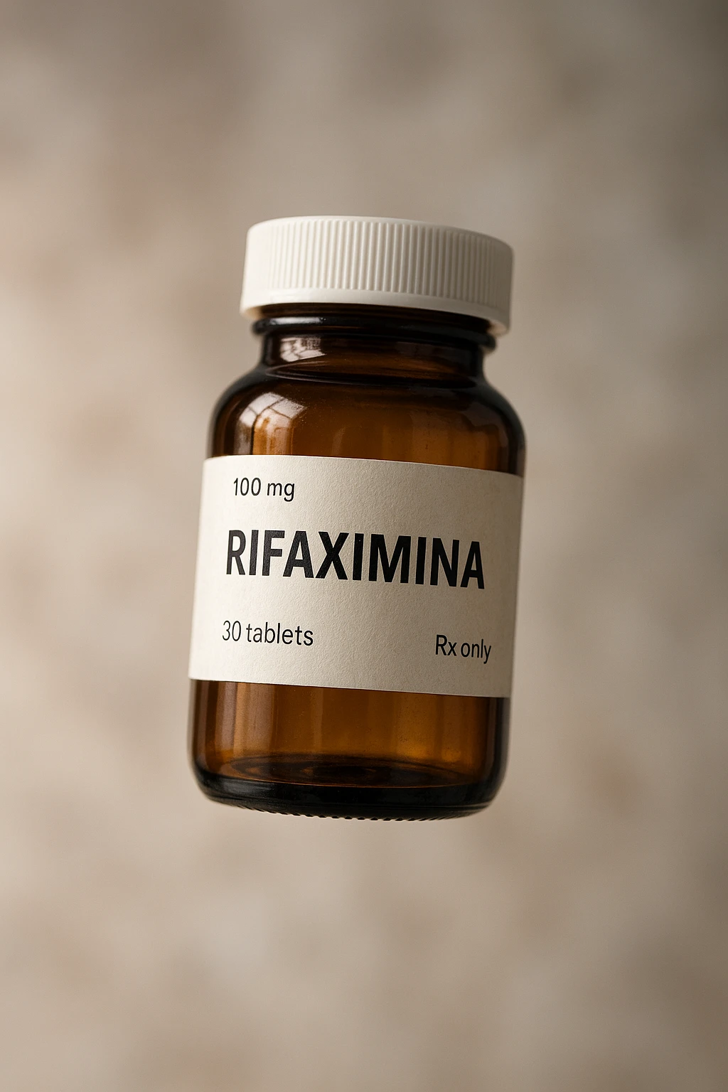 barattolo di medicinale con la scritta "rifaximina" sull'etichetta fluttua in aria, iperrealistico 4k emoji