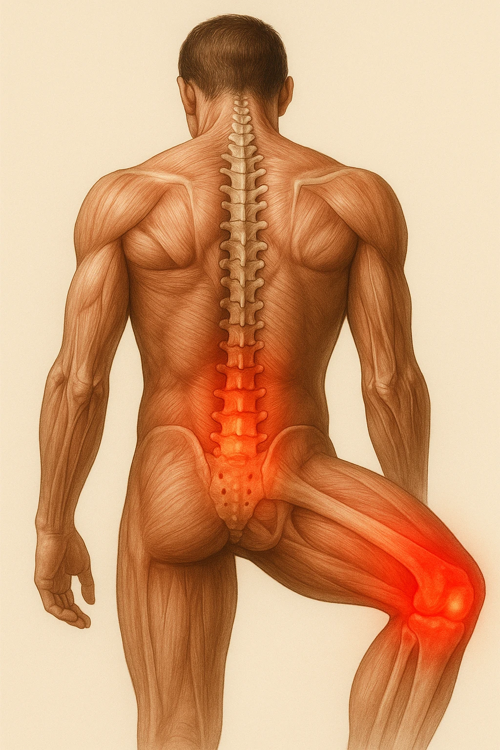 corpo umano anatomico con mal di schiena e al ginocchio, iperrealistico 4k emoji