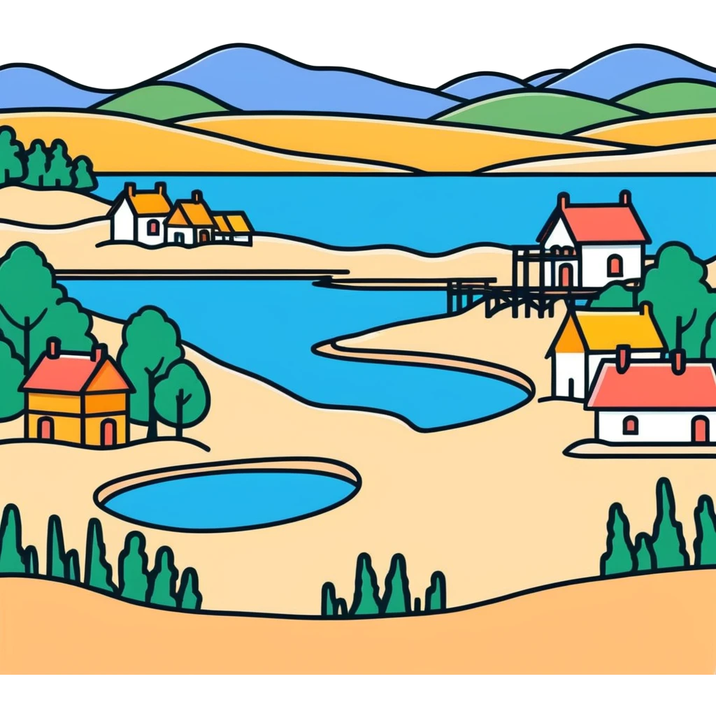 Samogitian flags on a forested landscape with many lakes and a sandy coastline with sand dunes and cute colourful wooden villages emoji