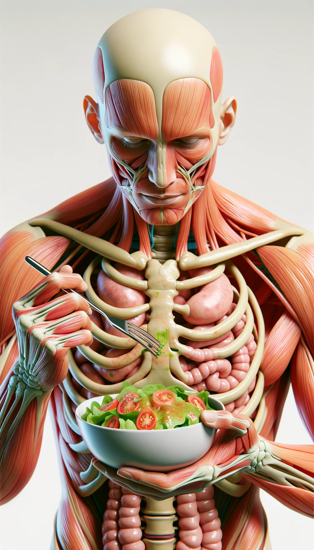 corpo umano anatomico con intestino in evidenza mentre mangia un'insalata con espressione neutra in volto, iperrealistico 4k, isolato su sfondo bianco emoji