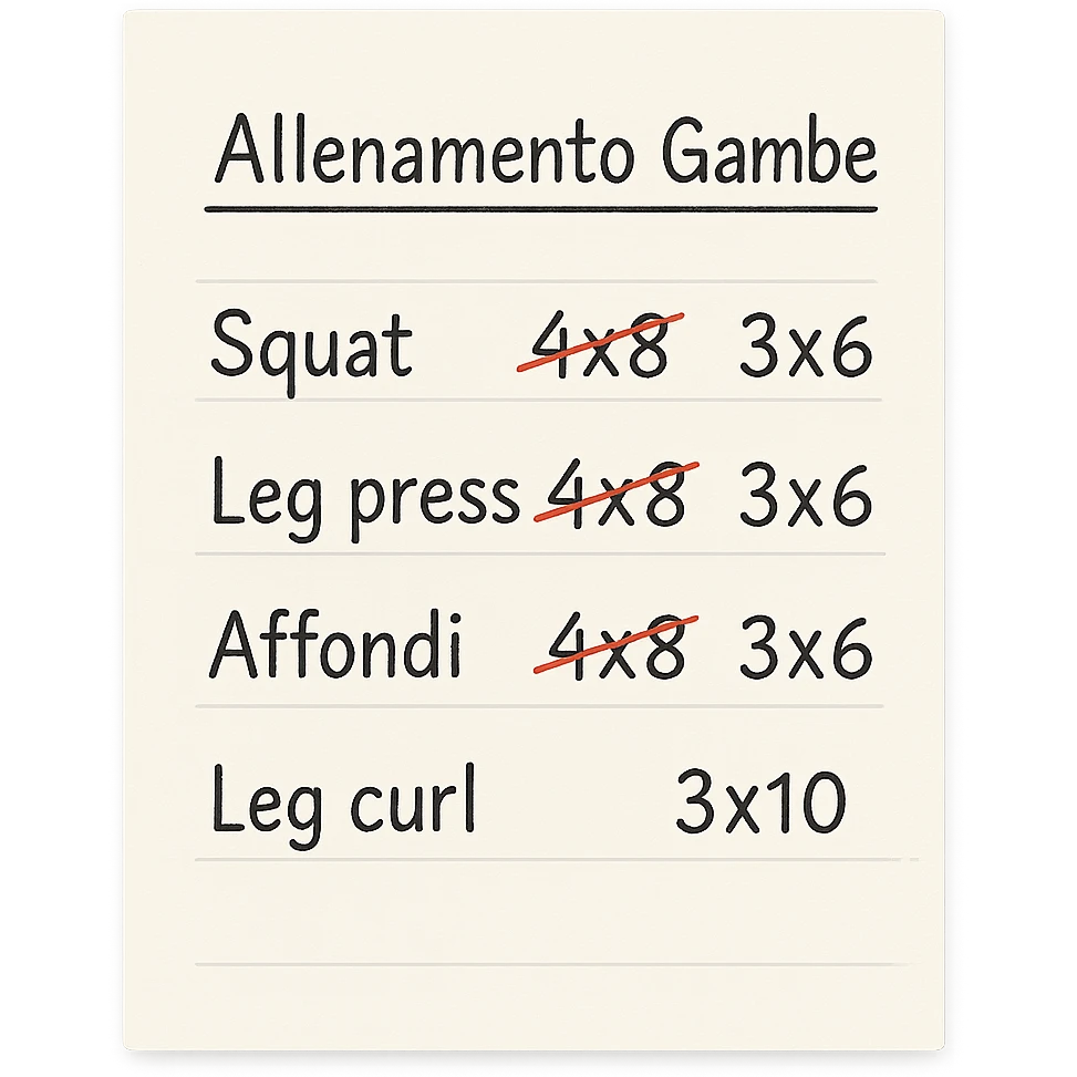 foglio di carta con scheda di allenamento gambe in italiano con volume di allenamento ridotto (fai alcuni esercizi con 4x8 scritti in precedenza sbarrati in rosso e la correzione accanto tipo 3x6), scrivila al meglio che puoi emoji