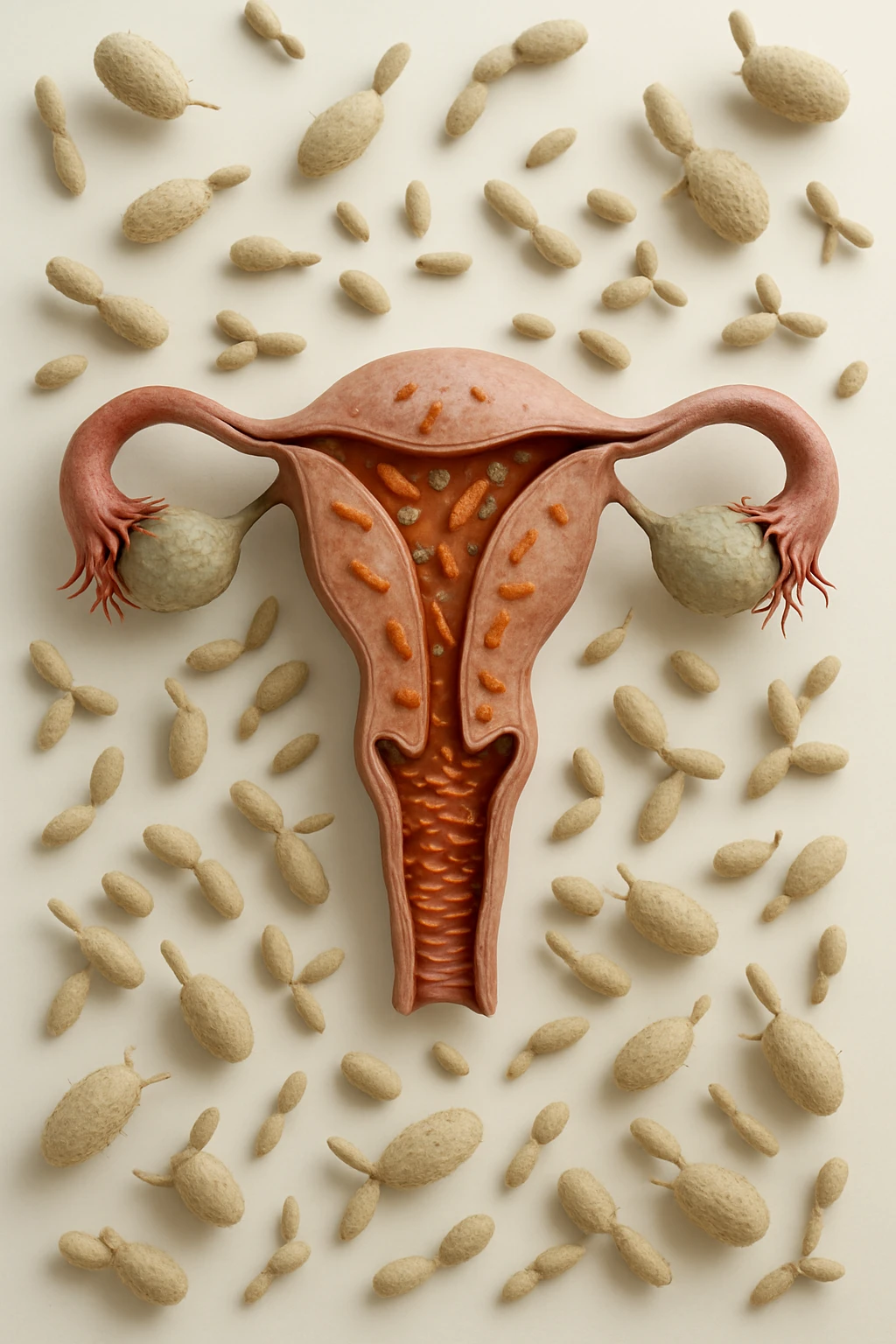 utero umano realistico con batteri della candida intorno, la foto si deve vedere per intero in formato verticale, sullo sfondo neutro chiaro ci sono batteri della candida, iperrealistico 4k emoji