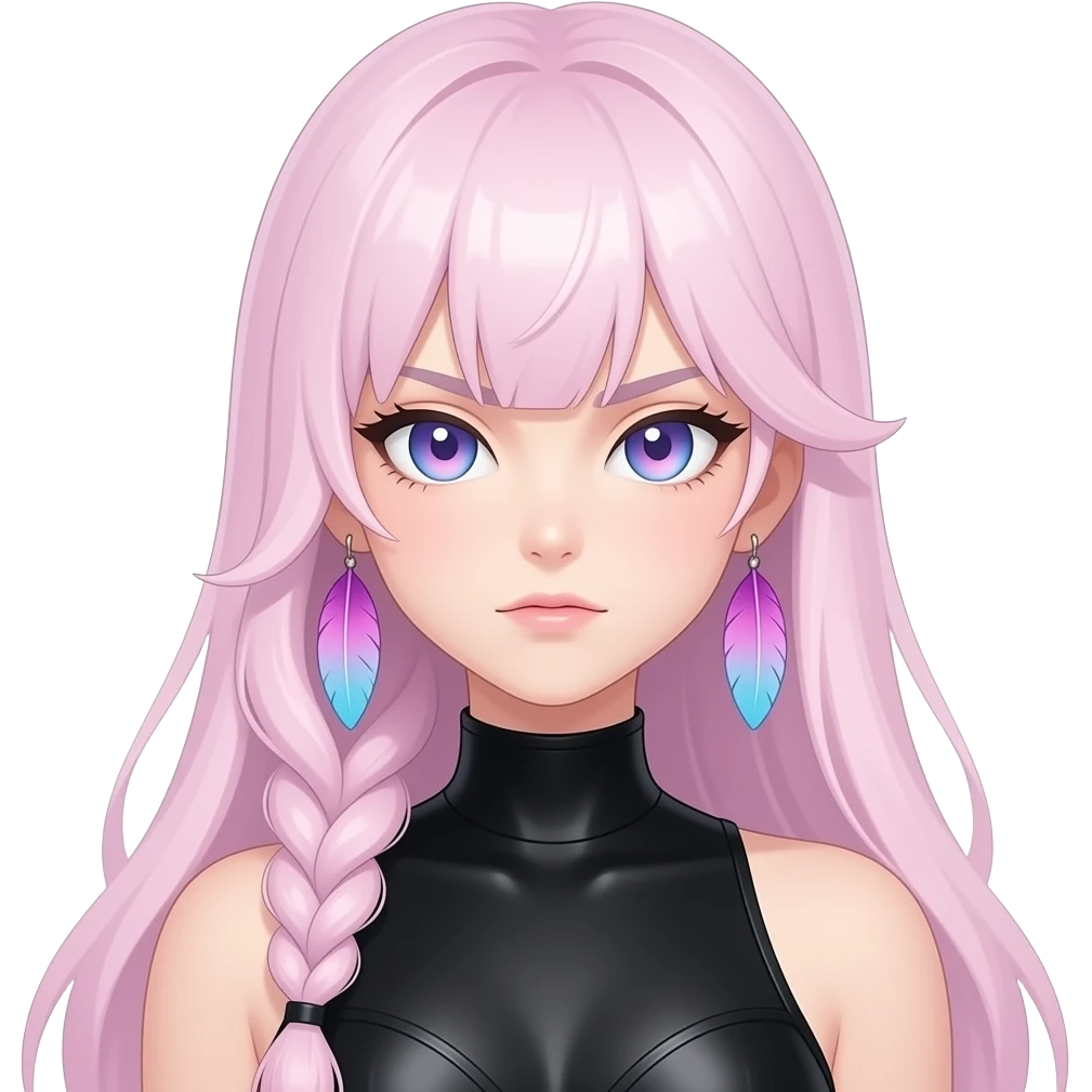 Gorgeous beautiful pretty grumpy anime lady long-pale-whitish-pastel-pink-hair with one braid on each side, hanging gradient-purple-pink feather-ear-cuffs on each side in hair, black bodysuit covering neck, blue eyes, pink iris, ethereal, fashion aesthetic emoji