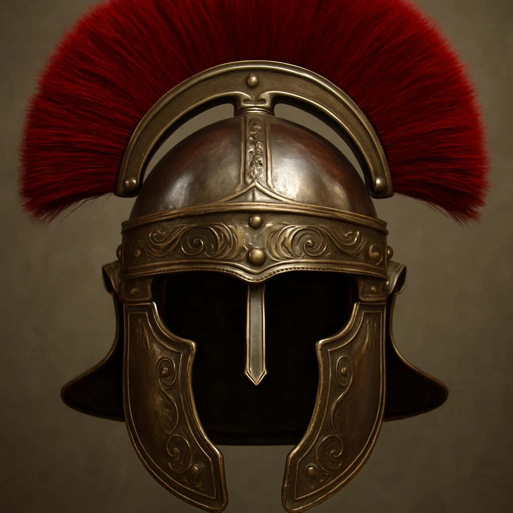 Roman Centurion's helmet, front view, red plume, shiny metal, detailed and realistic emoji