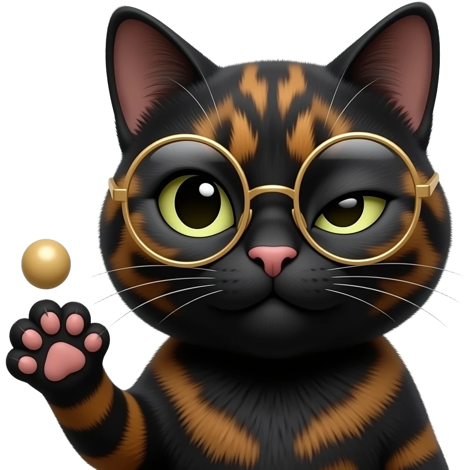 A mostly black Tortoiseshell cat face smirk-emoji with squint to the right with round gold glassed and on paw up, with balm up . Only face and cat paw. emoji