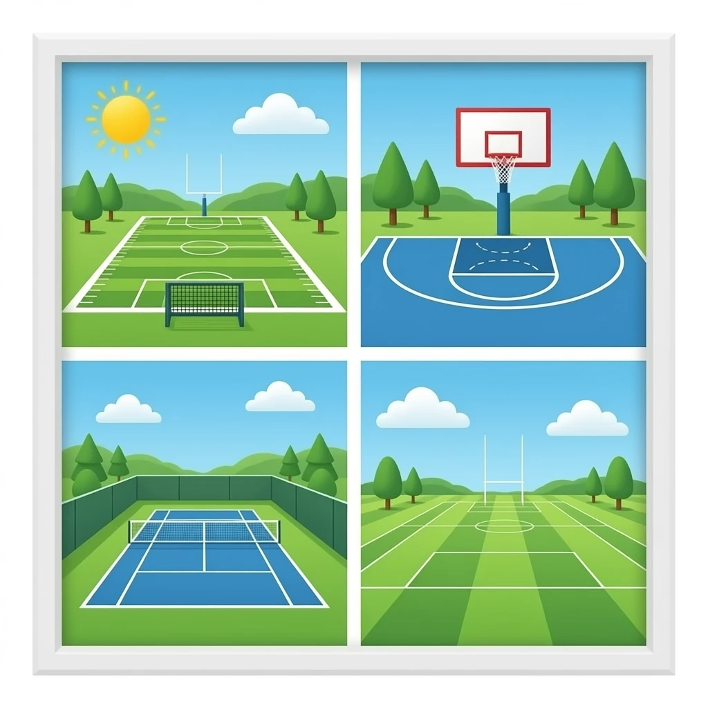 UN CUADRO CON UN QUARTO DE CAMPO DE FUTBOL OTRO QUARTO DE BASQUET OTRO QUARTO DE TENIS Y OTRO QUARTO DE RUGBY emoji