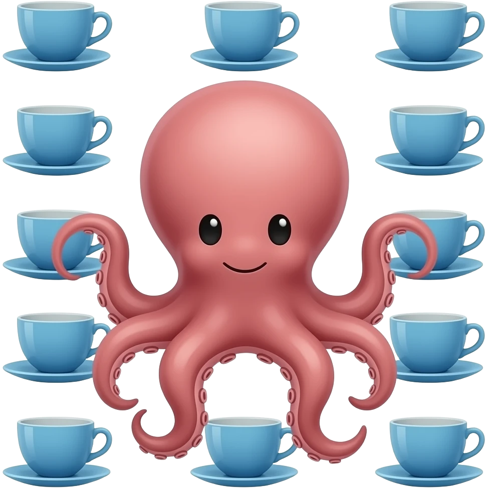 octopus with blue teacup set with identical arrangement, calm expression, rounded silhouette. emoji