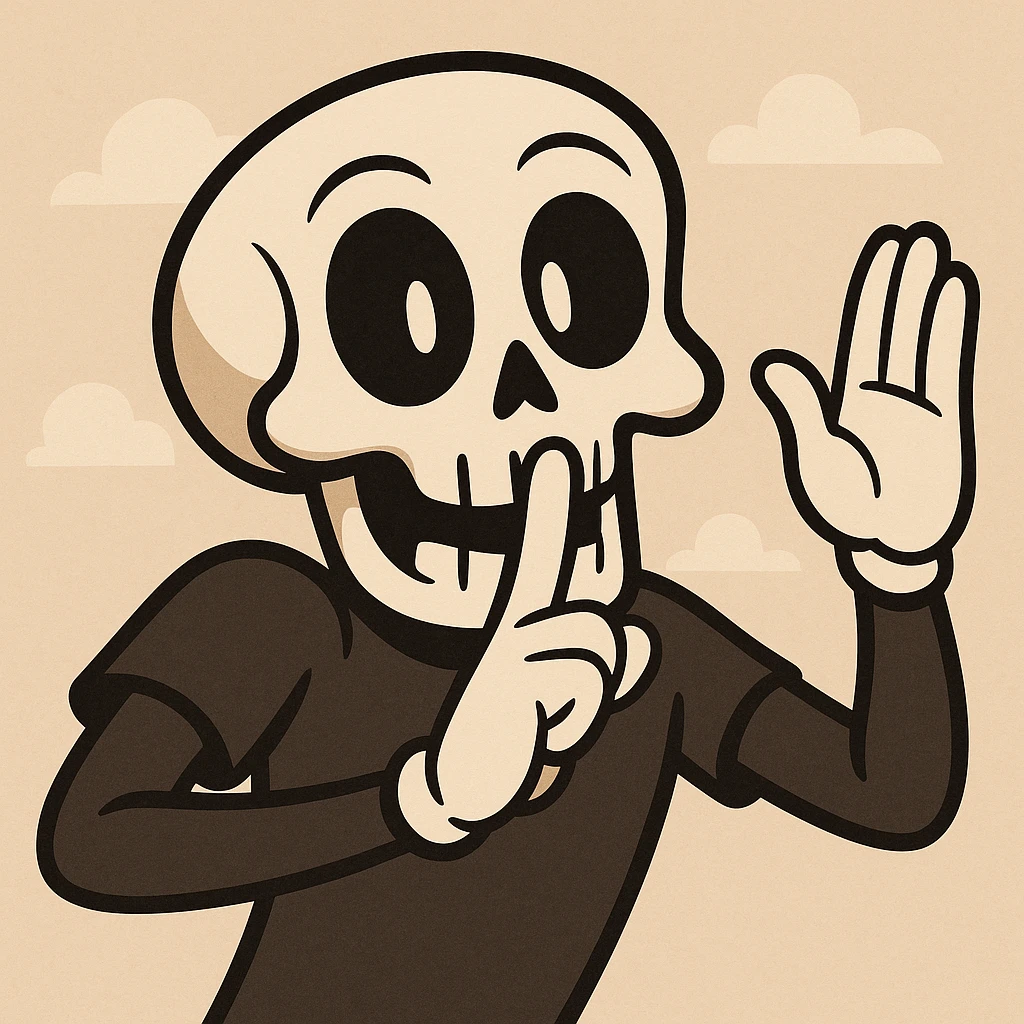 stylized skull making shh sign and doing calma celebration expressive fun emoji