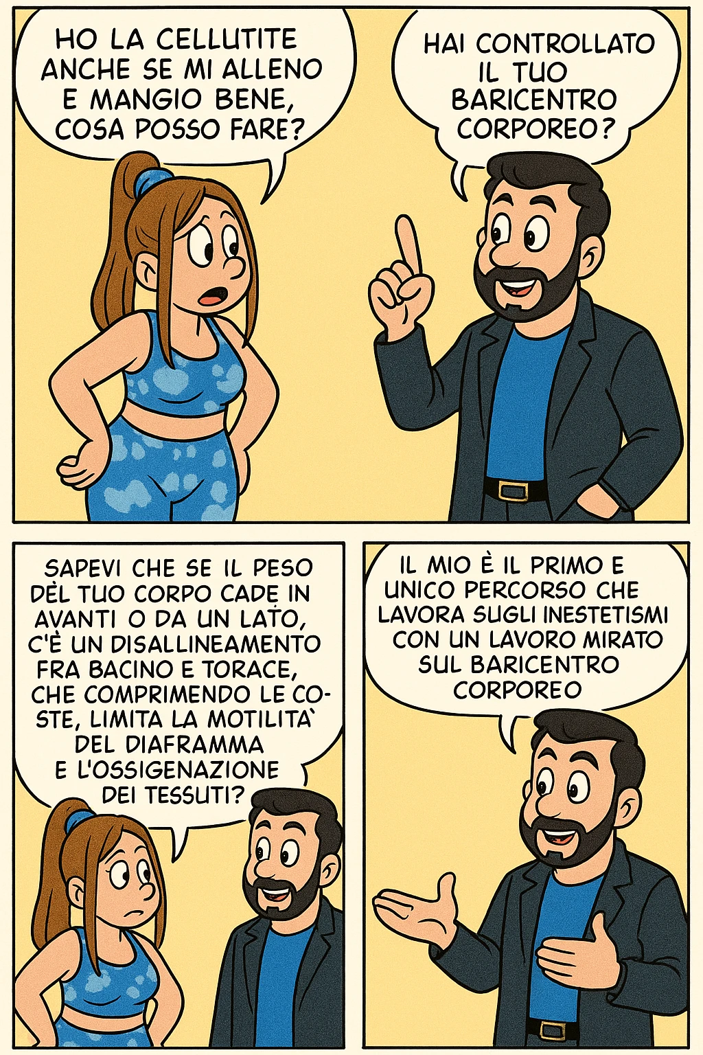 TRASFORMA QUESTO CAROSELLO IN UN FUMETTO STILE FUMETTO TOPOLINO CON QUESTE DUE PERSONE IDENTICHE CHE INTERLOQUISCONO TRA LORO:

LEI: Ho la cellulite anche se mi alleno e mangio bene, cosa posso fare?

LUI: Hai controllato il tuo baricentro corporeo?
LUI: Sapevi che se il peso del tuo corpo cade in avanti o da un lato, c’è un disallineamento fra bacino e torace, che comprimendo le coste, limita la motilità del diaframma e l’ossigenazione dei tessuti?
LUI: Il mio è il primo e unico percorso che lavora sugli inestetismi con un lavoro mirato sul baricentro corporeo. emoji