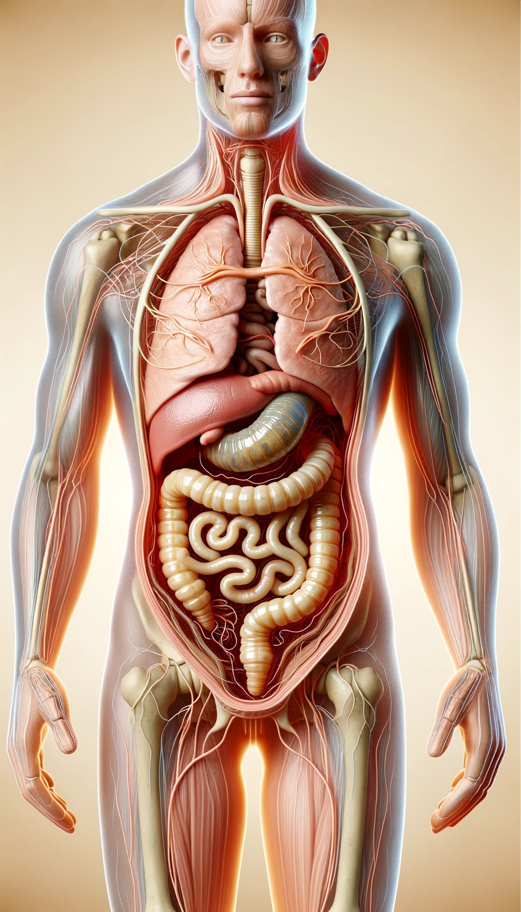 corpo umano anatomico con parassiti tipo la tenia nel corpo, intestino visibile, sfondo neutro chiaro emoji