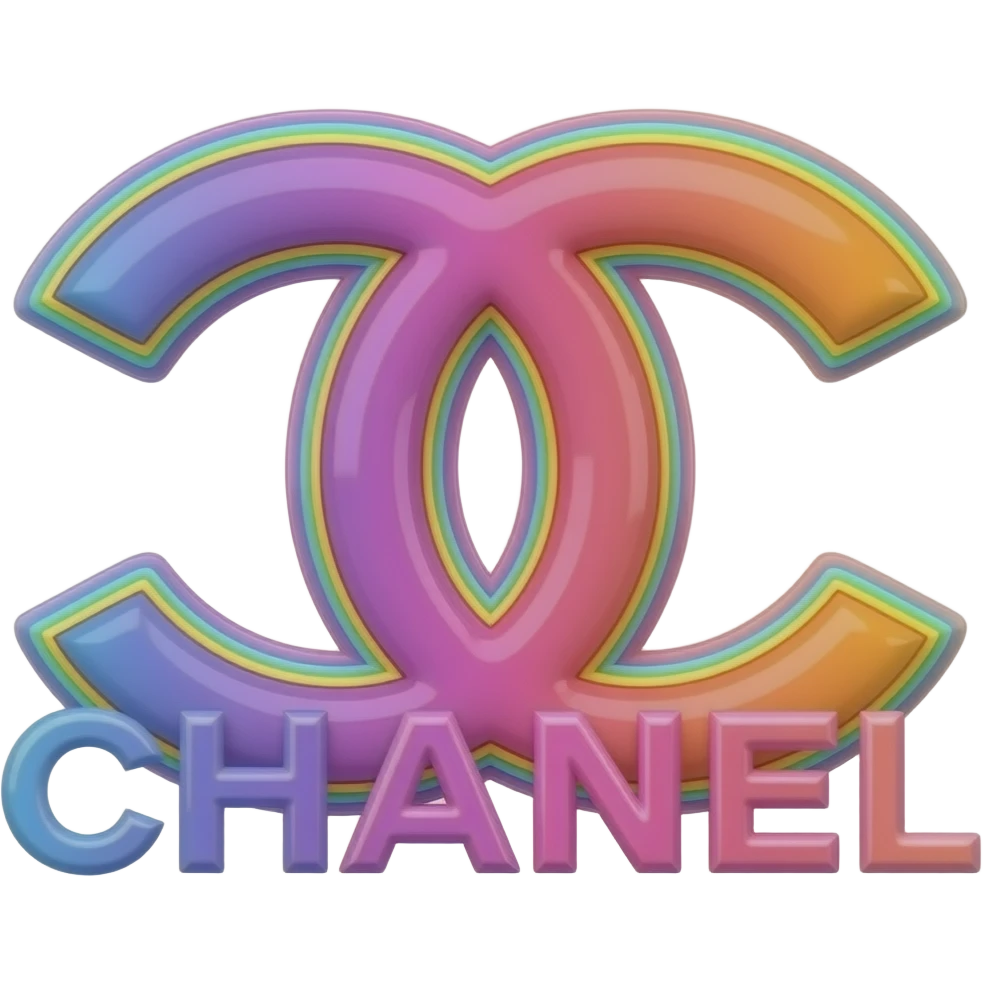 name "Chanel" in purple pink orange 3D style typography lettering, each color of the rainbow as a border outlined around each letter, isolated, 3d rendering, no emoji icons no emoji faces and must have no human figures emoji