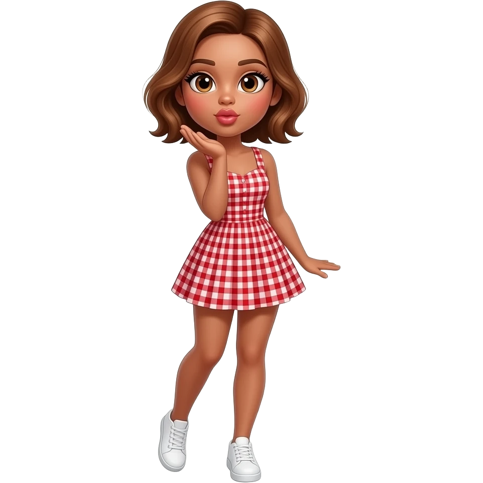 glamours,-tanned,-very-beautiful-girl,-with-big-pump-peach-beige-rose-lips,-long-long-lashes,-honey-silky-very short- hair,-wavy-hair,-hazel-eyes- wearing- red-gingham-frill - dress- white-sneakers-blowing-a-kiss-from-hand-full-body emoji