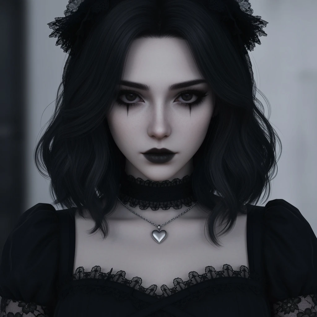 goth profile picture with a heart accent, cute, expressive, minimal, variation 2 emoji