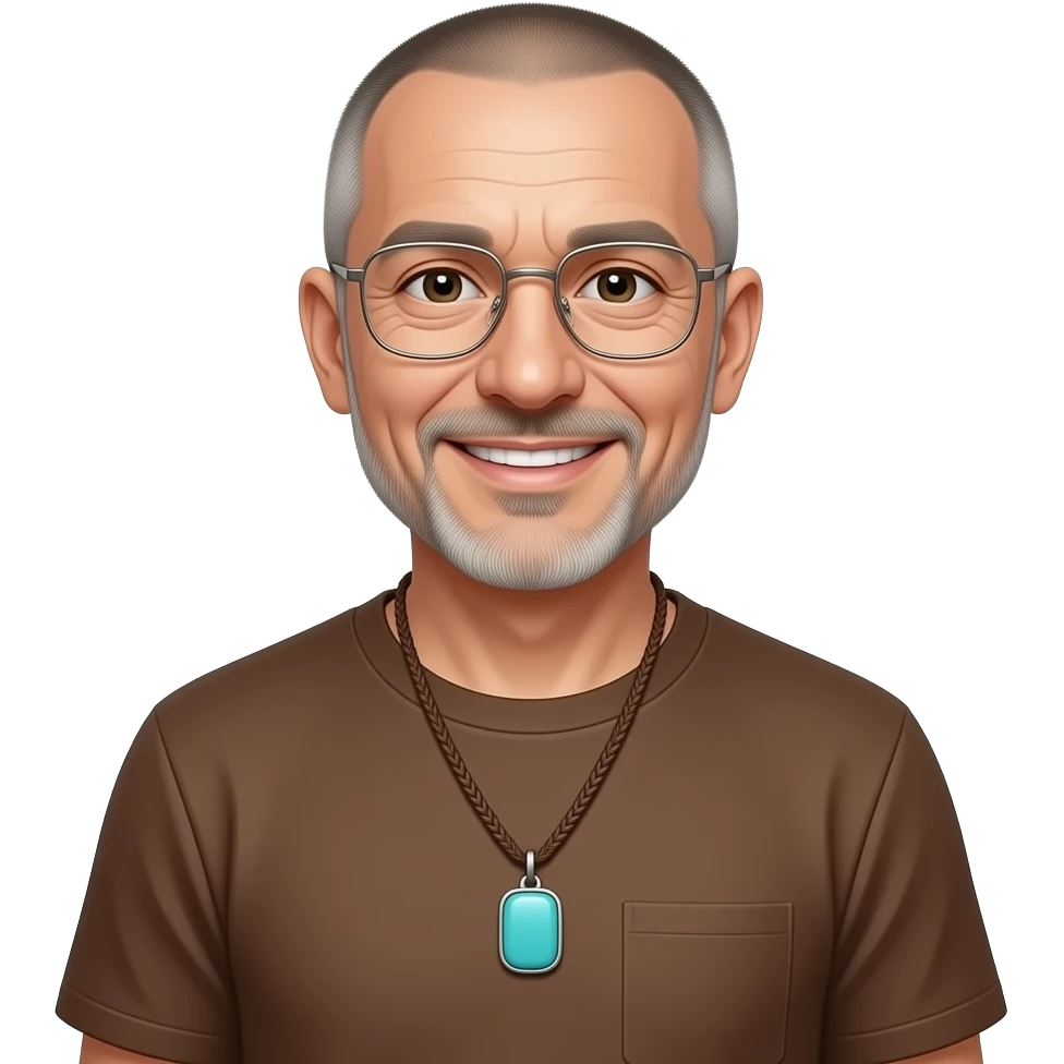 pointed chin smile pointed chin, small mouth shaved face pendant Turquoise on brown paracord t shirt shaved short hair full-length photo of extreme streetwear clean-shaven face cool boy thin metal-framed glasses ery entellectual man, 60 years old, street wear stubble, shaved short with clippers emoji