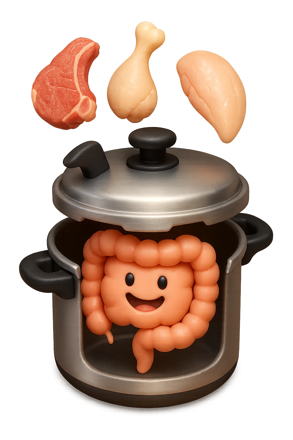 emoji stile iphone in 3d di una pentola a pressione dentro cui cadono agnello, pollo, tacchino crudi e un intestino umano felice da cuocere, iperrealistico 4k emoji
