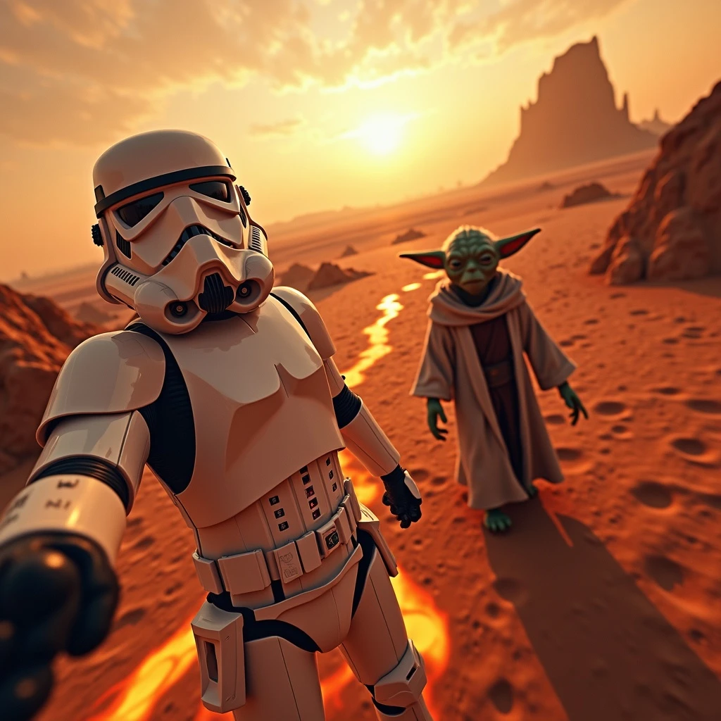 Camera POV, Starwars stormtroopers vlogging selfie, he is walking on lava planet with yoda emoji